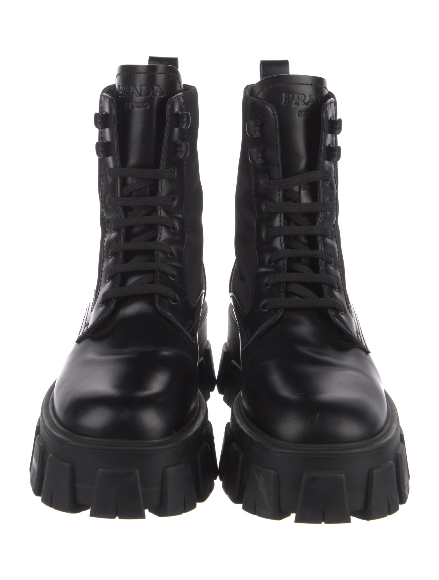 Prada Enameled Metal Triangle Leather Combat Boots
